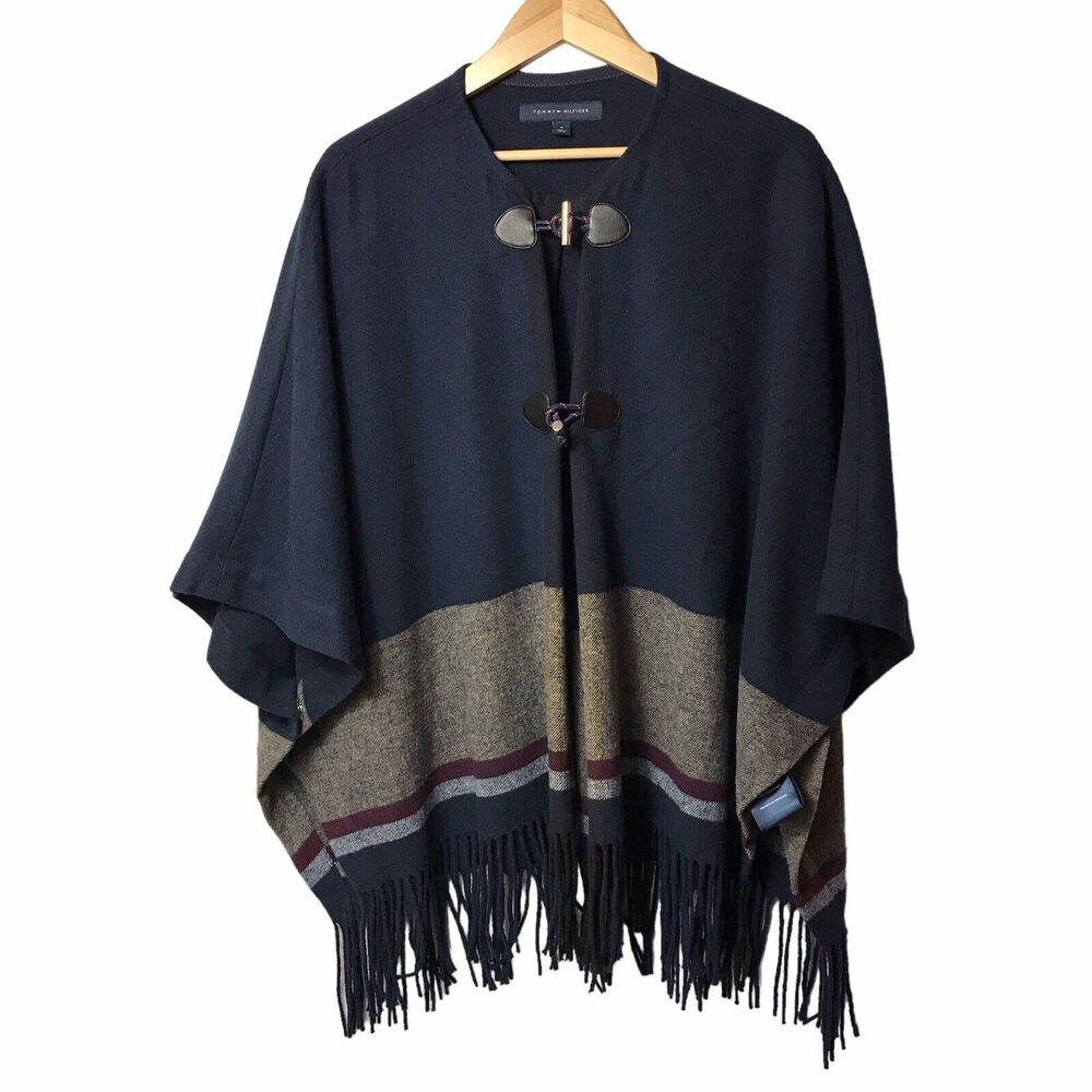 Tommy Hilfiger Women's Striped Fringe-Trim Poncho Nmu Size Medium